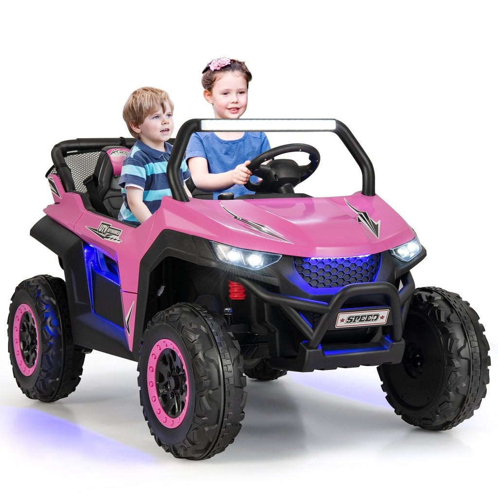 12V 2 Seater Kids Ride On UTV with Media Centre, Storage Net Bag, 3 Point Belts and 2.4G Remote, 130 lb Capacity, Pink