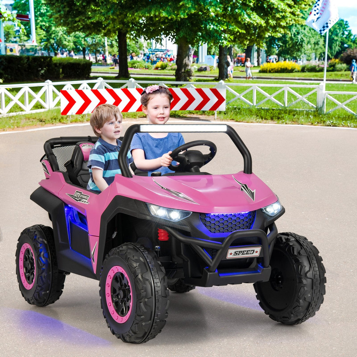 12V 2 Seater Kids Ride On UTV with Media Centre, Storage Net Bag, 3 Point Belts and 2.4G Remote, 130 lb Capacity, Pink