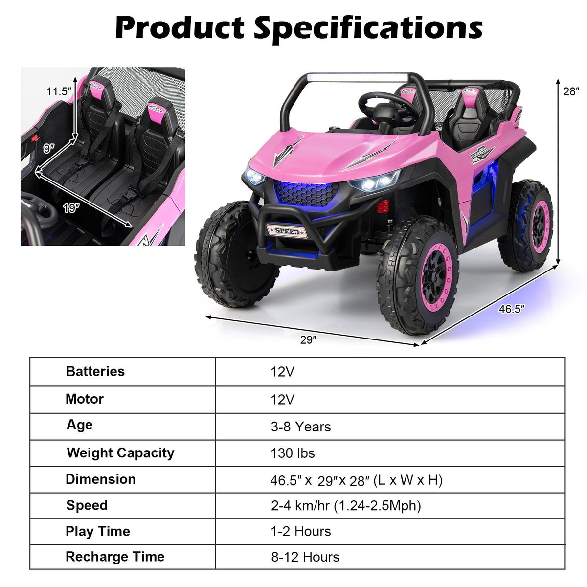 12V 2 Seater Kids Ride On UTV with Media Centre, Storage Net Bag, 3 Point Belts and 2.4G Remote, 130 lb Capacity, Pink