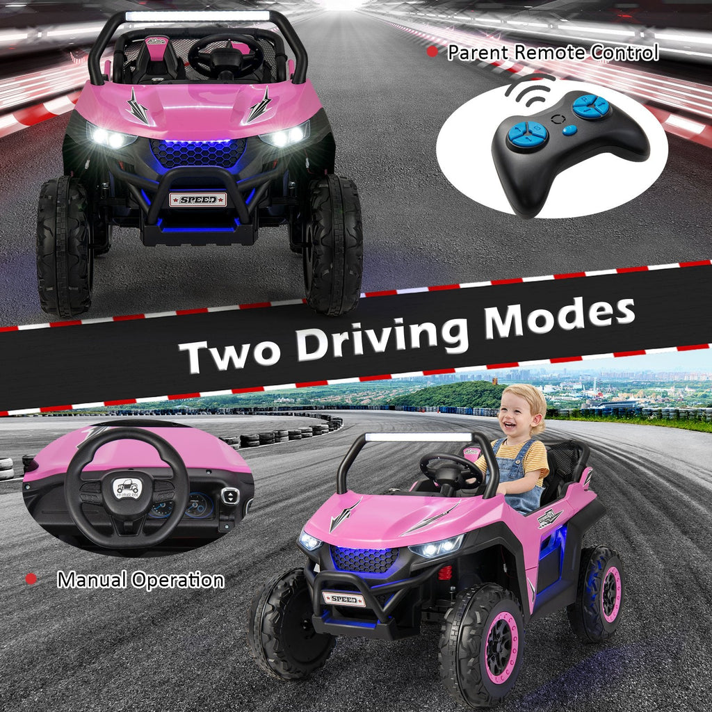 12V 2 Seater Kids Ride On UTV with Media Centre, Storage Net Bag, 3 Point Belts and 2.4G Remote, 130 lb Capacity, Pink