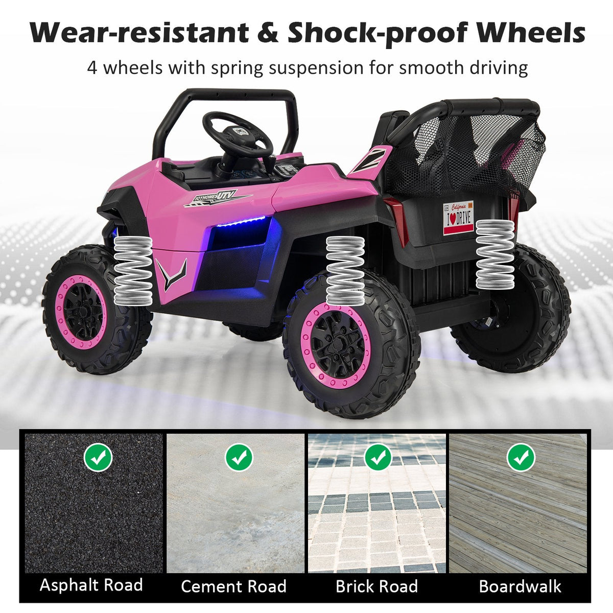 12V 2 Seater Kids Ride On UTV with Media Centre, Storage Net Bag, 3 Point Belts and 2.4G Remote, 130 lb Capacity, Pink