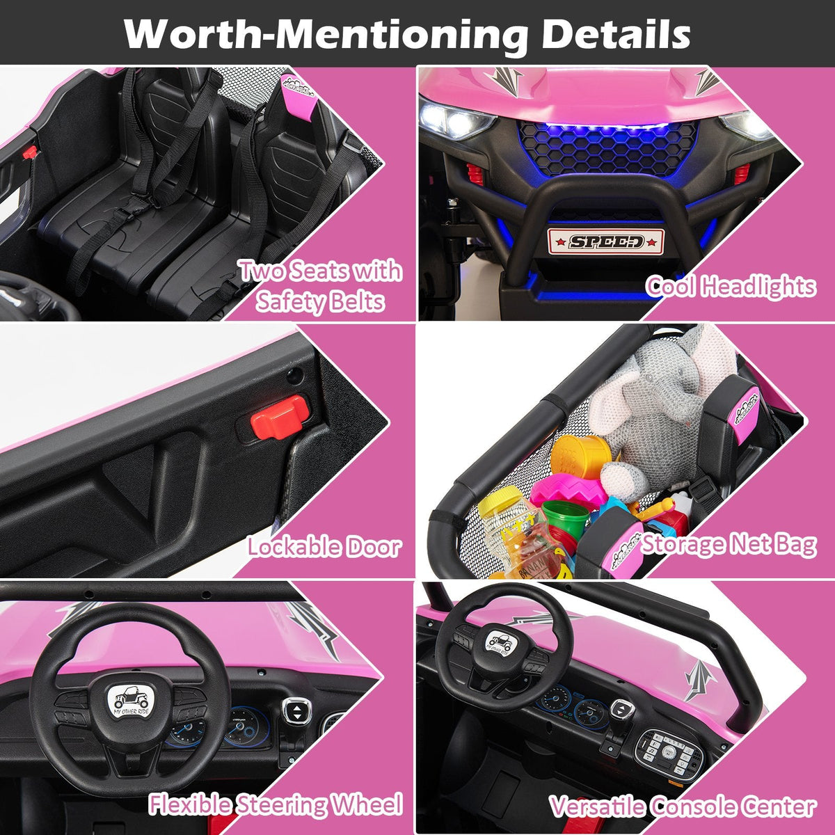 12V 2 Seater Kids Ride On UTV with Media Centre, Storage Net Bag, 3 Point Belts and 2.4G Remote, 130 lb Capacity, Pink