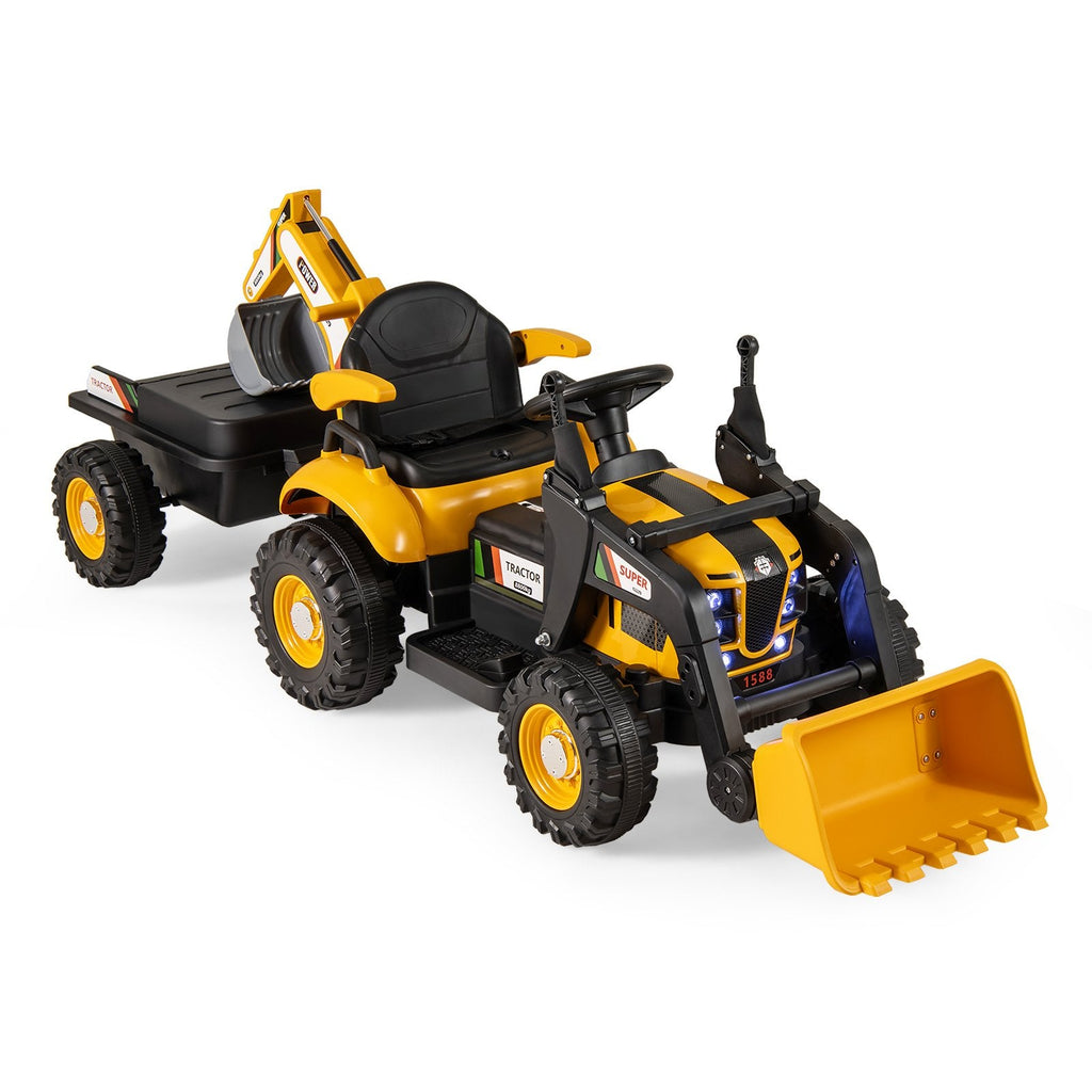12V 4 in 1 Kids Ride On Tractor with Working Shovel Bucket, 180 Degree Digger and Detachable Trailer, Yellow