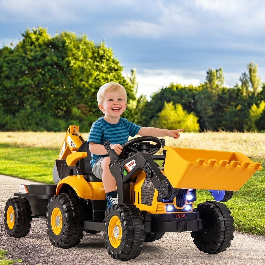 12V 4 in 1 Kids Ride On Tractor with Working Shovel Bucket, 180 Degree Digger and Detachable Trailer, Yellow