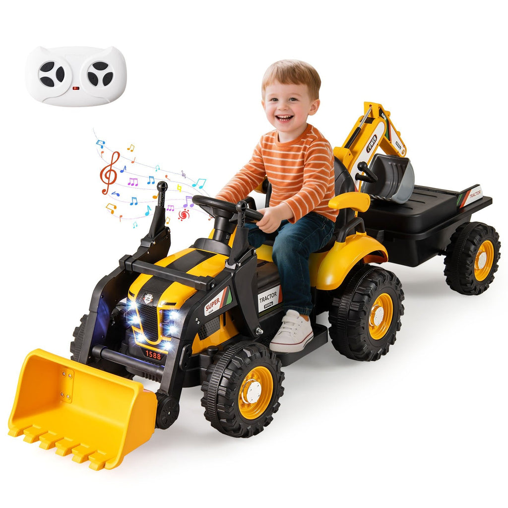 12V 4 in 1 Kids Ride On Tractor with Working Shovel Bucket, 180 Degree Digger and Detachable Trailer, Yellow