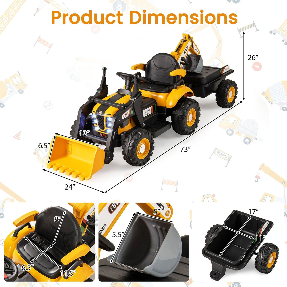 12V 4 in 1 Kids Ride On Tractor with Working Shovel Bucket, 180 Degree Digger and Detachable Trailer, Yellow