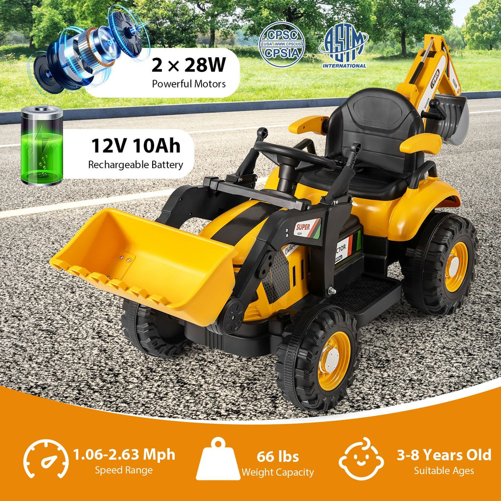 12V 4 in 1 Kids Ride On Tractor with Working Shovel Bucket, 180 Degree Digger and Detachable Trailer, Yellow