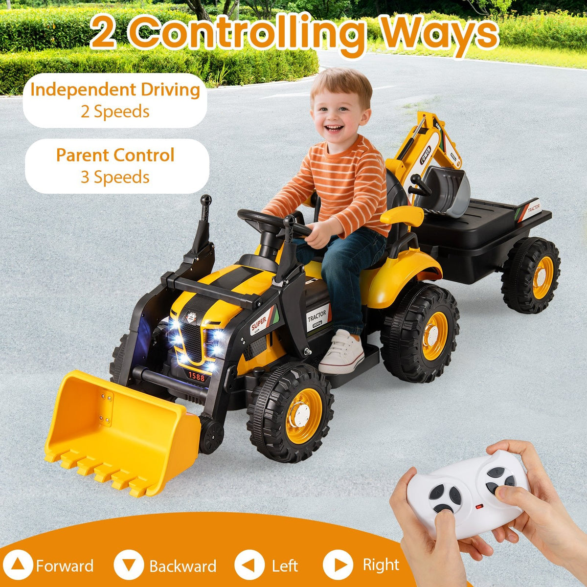 12V 4 in 1 Kids Ride On Tractor with Working Shovel Bucket, 180 Degree Digger and Detachable Trailer, Yellow