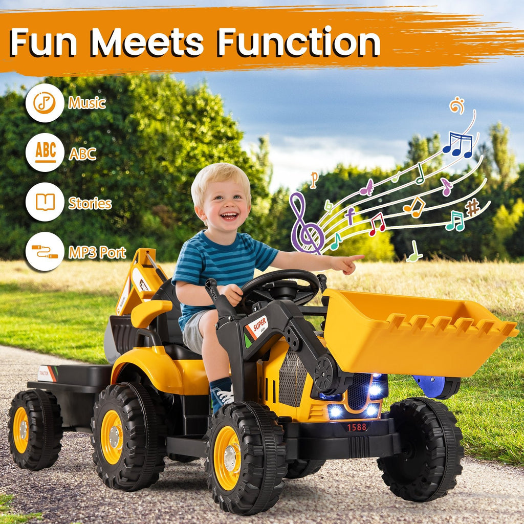 12V 4 in 1 Kids Ride On Tractor with Working Shovel Bucket, 180 Degree Digger and Detachable Trailer, Yellow