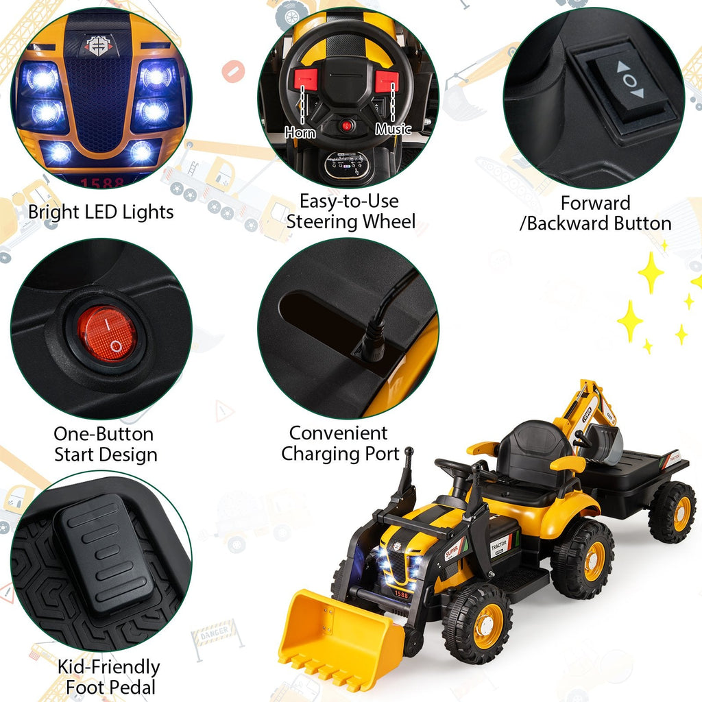 12V 4 in 1 Kids Ride On Tractor with Working Shovel Bucket, 180 Degree Digger and Detachable Trailer, Yellow