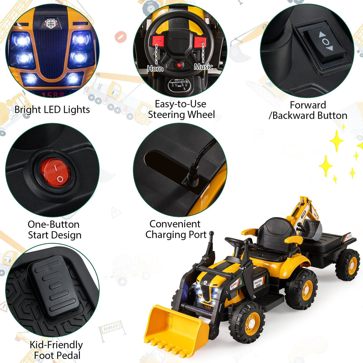 12V 4 in 1 Kids Ride On Tractor with Working Shovel Bucket, 180 Degree Digger and Detachable Trailer, Yellow