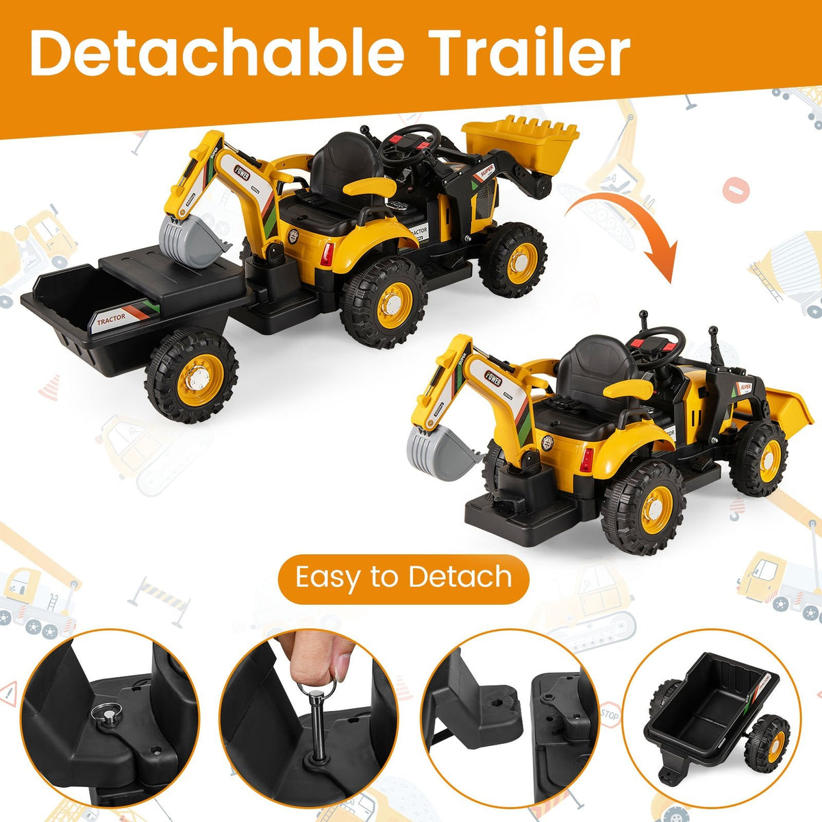 12V 4 in 1 Kids Ride On Tractor with Working Shovel Bucket, 180 Degree Digger and Detachable Trailer, Yellow