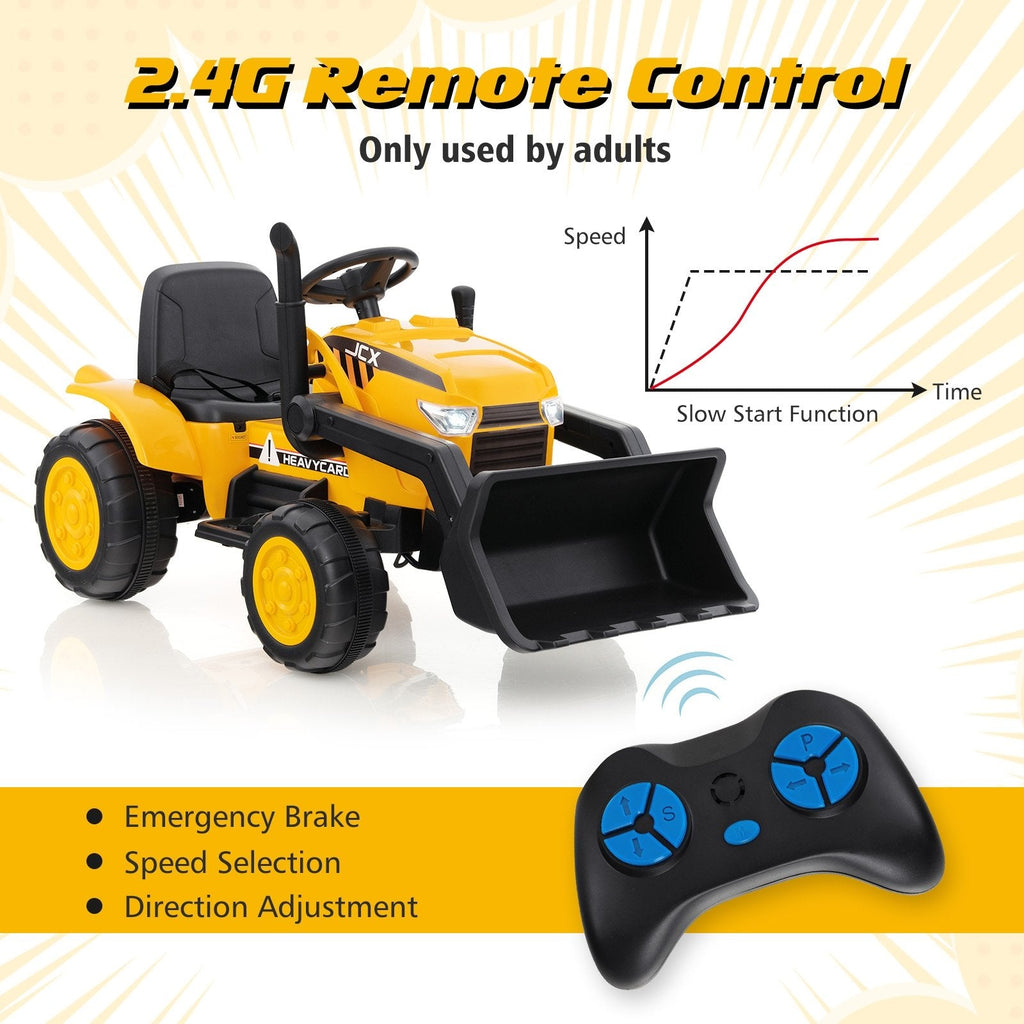 12V Kids Ride On Excavator with Adjustable Digging Bucket, Locking Arm Hook, Slow Start and Adult Only Remote, Yellow