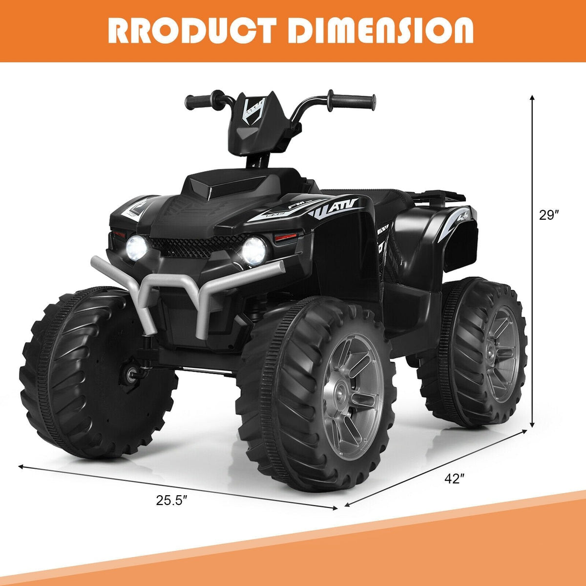 12V Kids Ride On ATV Quad with Slow Start, High and Low Speed, LED Lights, USB and Treaded Tyres, 77 lb, Black