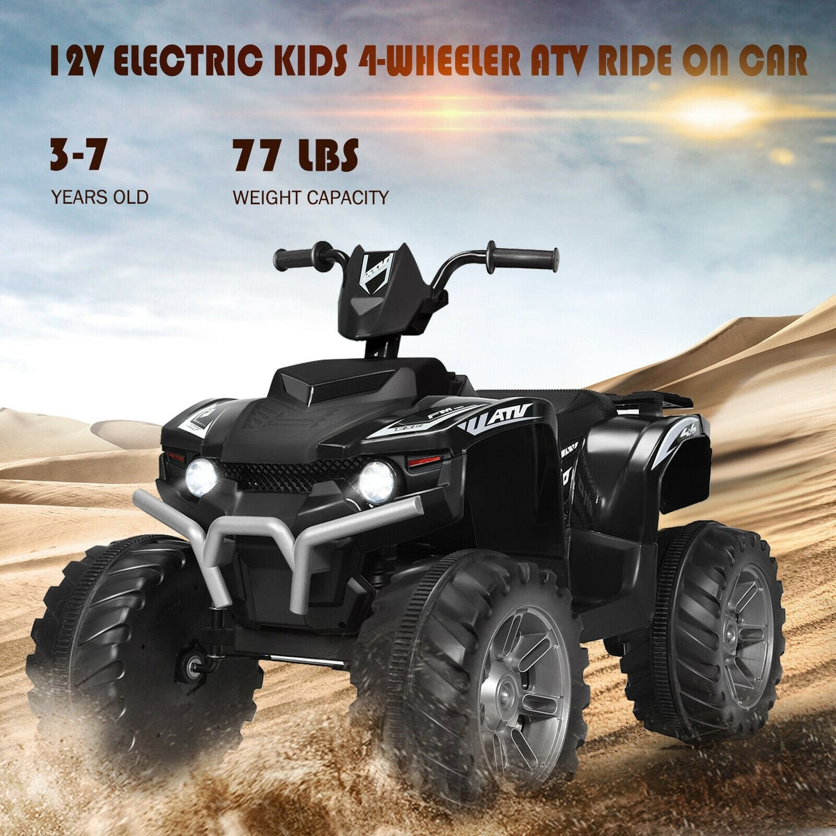 12V Kids Ride On ATV Quad with Slow Start, High and Low Speed, LED Lights, USB and Treaded Tyres, 77 lb, Black