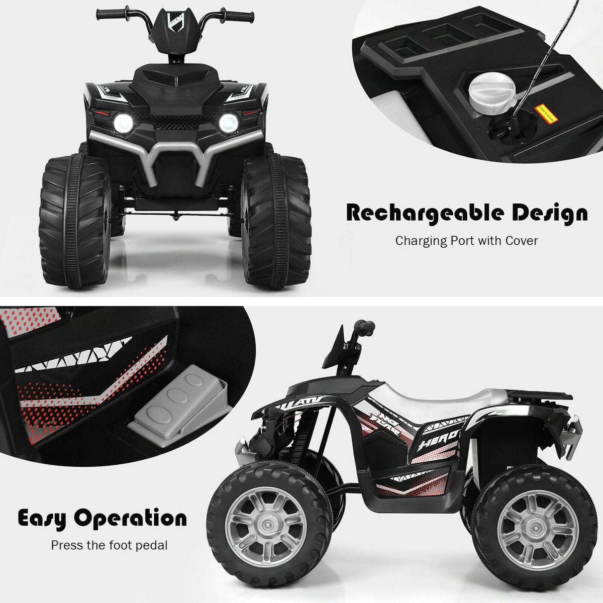 12V Kids Ride On ATV Quad with Slow Start, High and Low Speed, LED Lights, USB and Treaded Tyres, 77 lb, Black