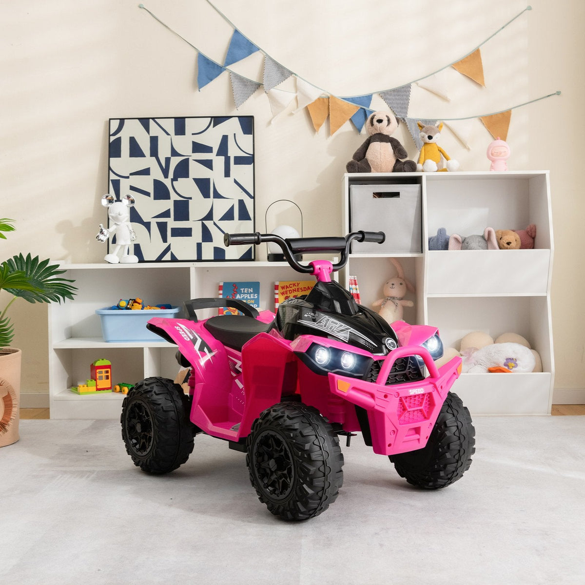 12V Kids Ride On ATV Quad with 77 lb Load Capacity, High and Low Speed, Portable Handle and Headlights, Ages 3 to 8, Pink