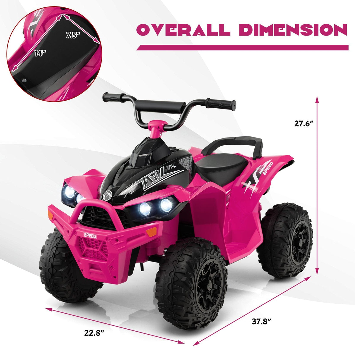 12V Kids Ride On ATV Quad with 77 lb Load Capacity, High and Low Speed, Portable Handle and Headlights, Ages 3 to 8, Pink