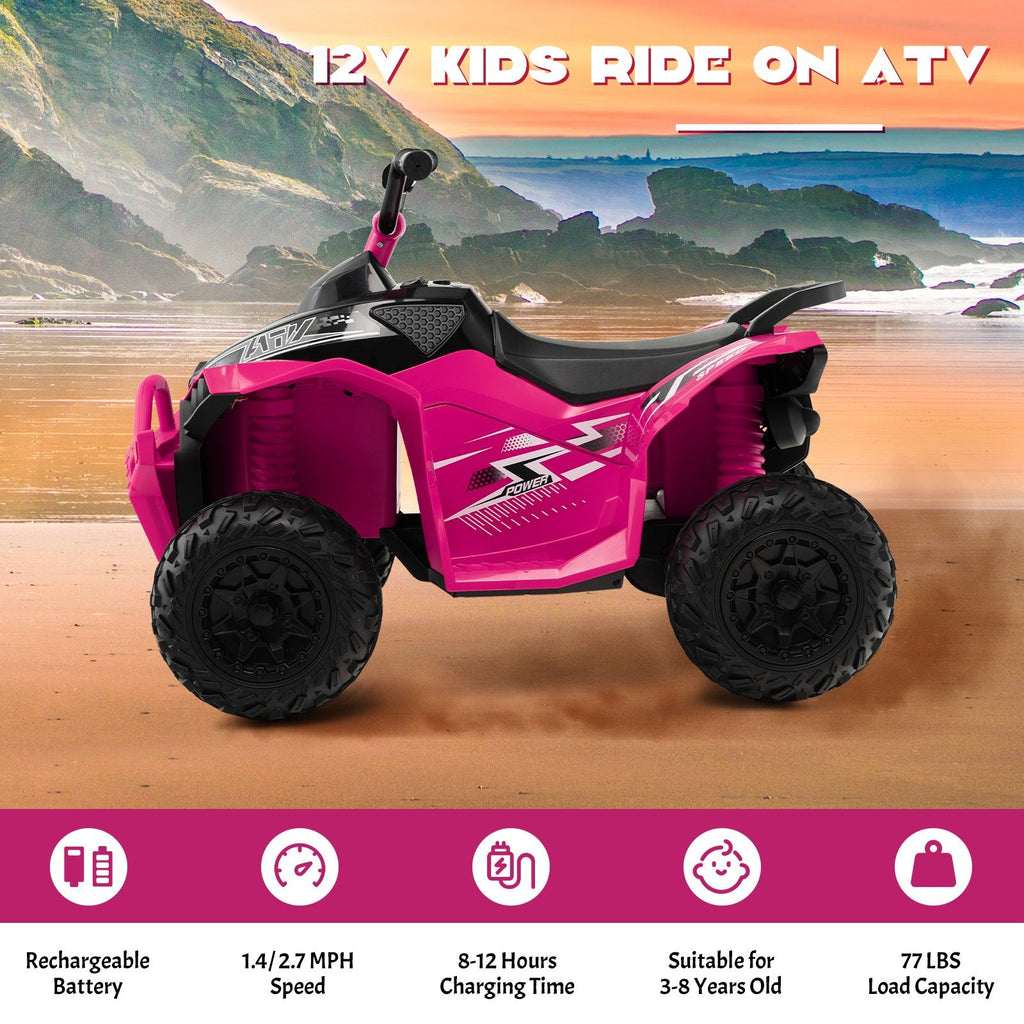 12V Kids Ride On ATV Quad with 77 lb Load Capacity, High and Low Speed, Portable Handle and Headlights, Ages 3 to 8, Pink