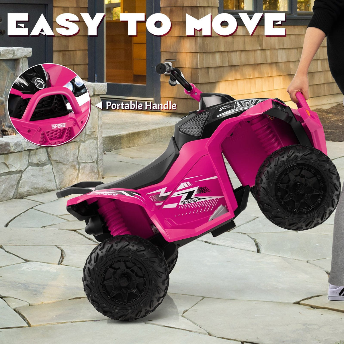 12V Kids Ride On ATV Quad with 77 lb Load Capacity, High and Low Speed, Portable Handle and Headlights, Ages 3 to 8, Pink