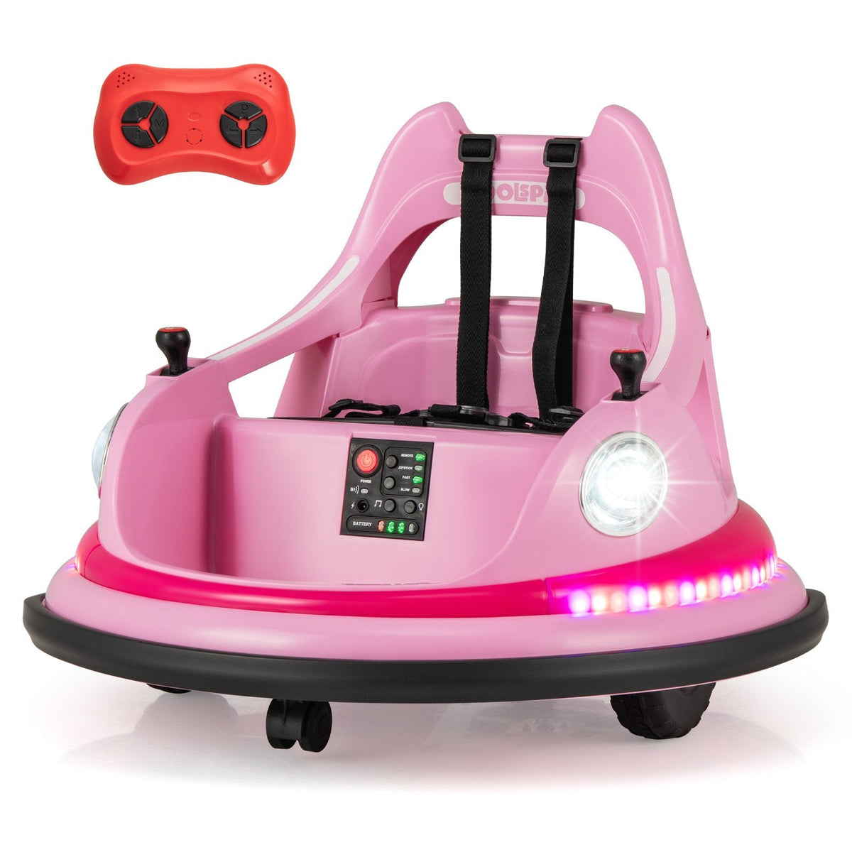 12V Kids Ride On Bumper Car with Carry Handle in the Backrest, 5 Point Belt, 360 Spin and Parent Remote, 66 lb, Pink