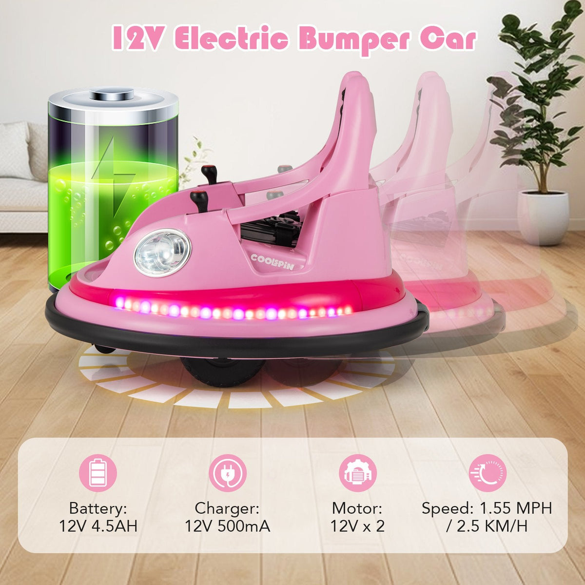 12V Kids Ride On Bumper Car with Carry Handle in the Backrest, 5 Point Belt, 360 Spin and Parent Remote, 66 lb, Pink