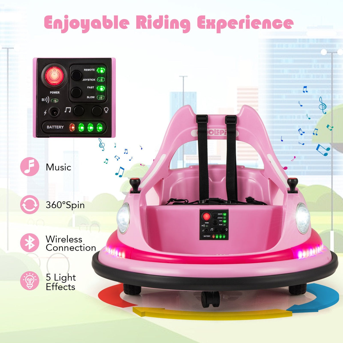 12V Kids Ride On Bumper Car with Carry Handle in the Backrest, 5 Point Belt, 360 Spin and Parent Remote, 66 lb, Pink
