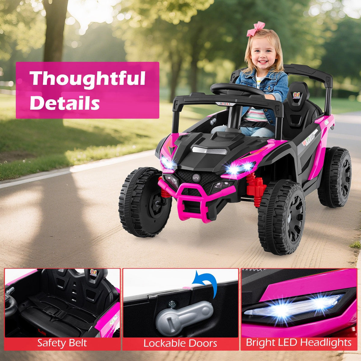 12V Kids Ride On UTV with Soft Start, Parent Remote, 3 Speeds, Spring Suspension and LED Lights, 3.1 mph, Hot Pink