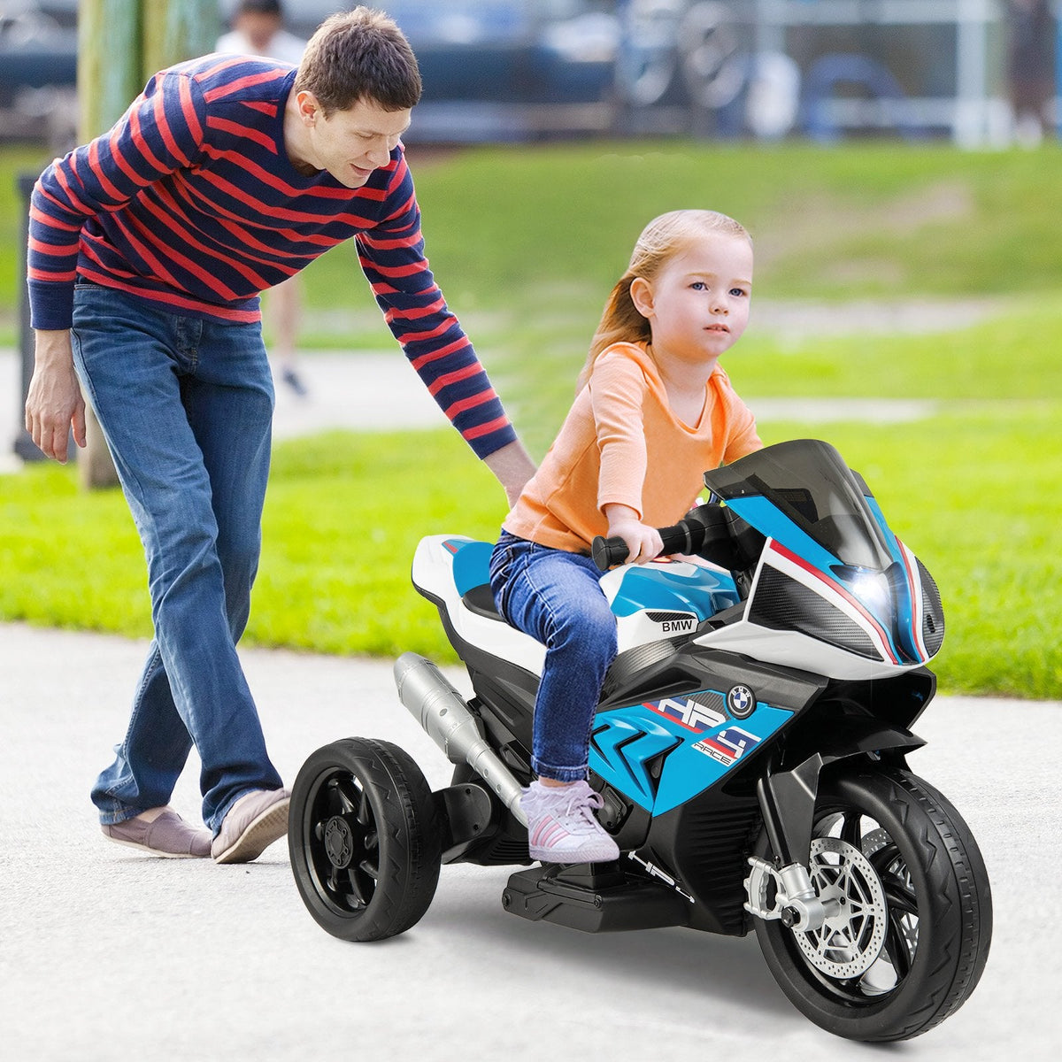 12V Licensed BMW Kids 3 Wheel Motorcycle with High and Low Speed, USB, Study Mode and Headlight, 66 lb, Blue