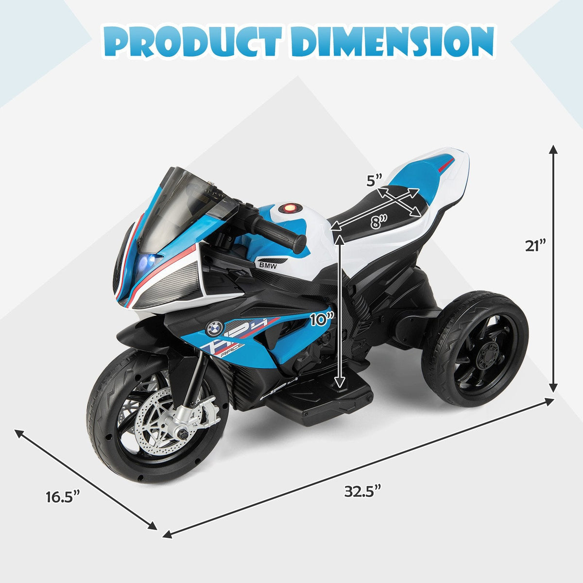 12V Licensed BMW Kids 3 Wheel Motorcycle with High and Low Speed, USB, Study Mode and Headlight, 66 lb, Blue