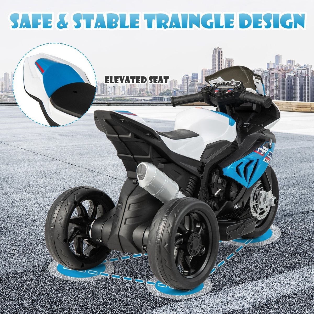12V Licensed BMW Kids 3 Wheel Motorcycle with High and Low Speed, USB, Study Mode and Headlight, 66 lb, Blue