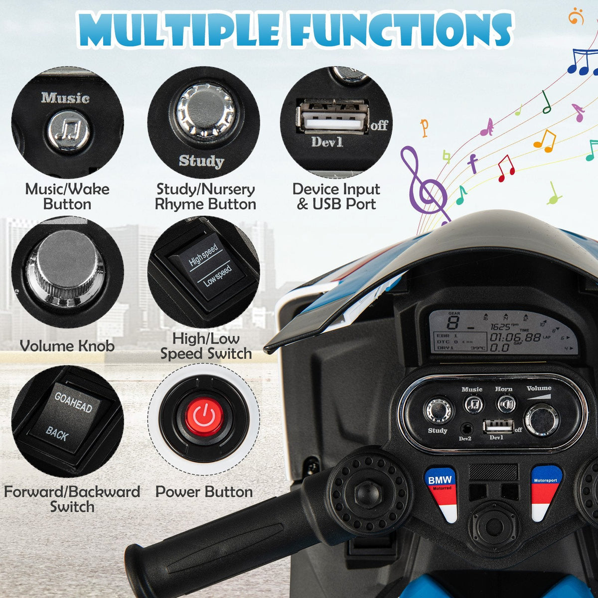 12V Licensed BMW Kids 3 Wheel Motorcycle with High and Low Speed, USB, Study Mode and Headlight, 66 lb, Blue