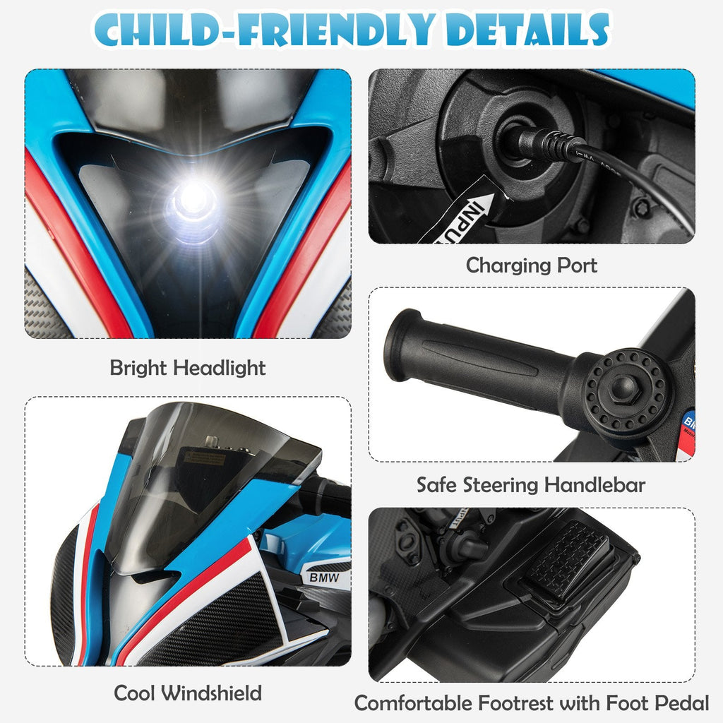 12V Licensed BMW Kids 3 Wheel Motorcycle with High and Low Speed, USB, Study Mode and Headlight, 66 lb, Blue