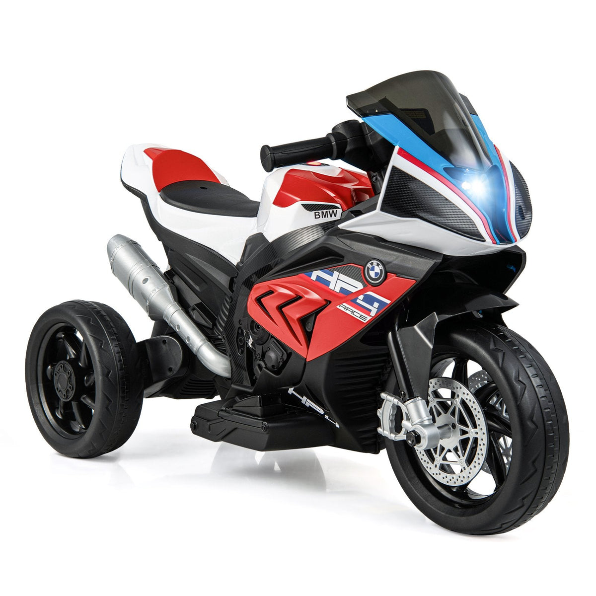 12V Licensed BMW Kids 3 Wheel Motorcycle with Elevated Seat, Windshield, USB and Headlight, 66 lb, Red