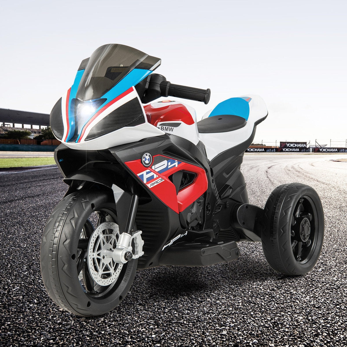 12V Licensed BMW Kids 3 Wheel Motorcycle with Elevated Seat, Windshield, USB and Headlight, 66 lb, Red