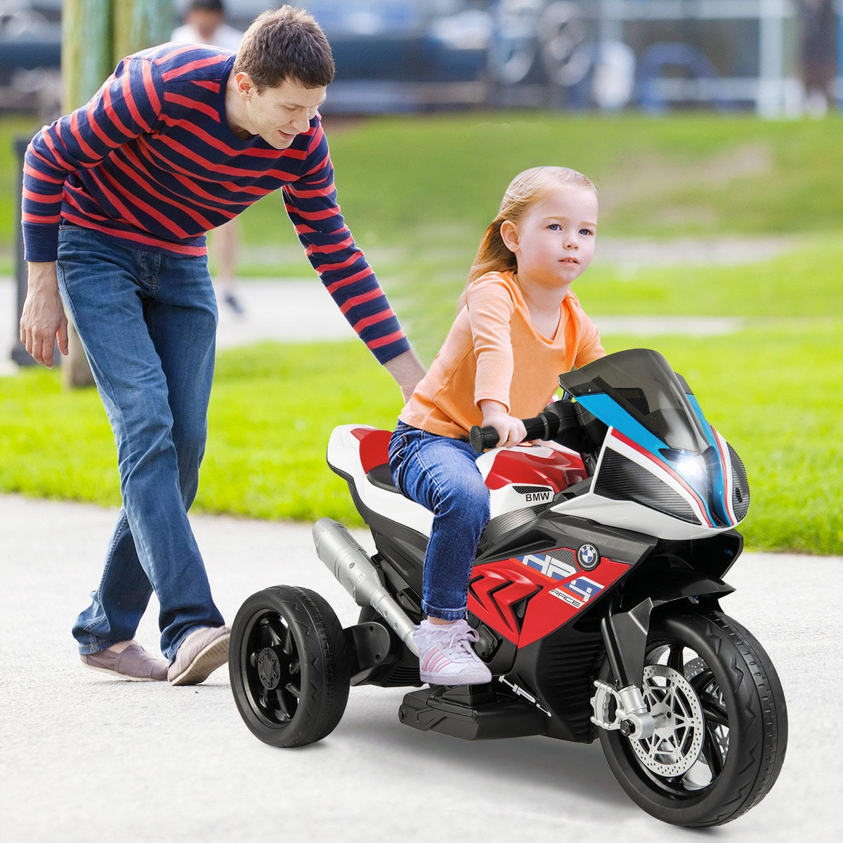 12V Licensed BMW Kids 3 Wheel Motorcycle with Elevated Seat, Windshield, USB and Headlight, 66 lb, Red