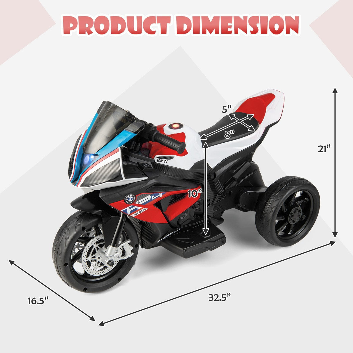 12V Licensed BMW Kids 3 Wheel Motorcycle with Elevated Seat, Windshield, USB and Headlight, 66 lb, Red