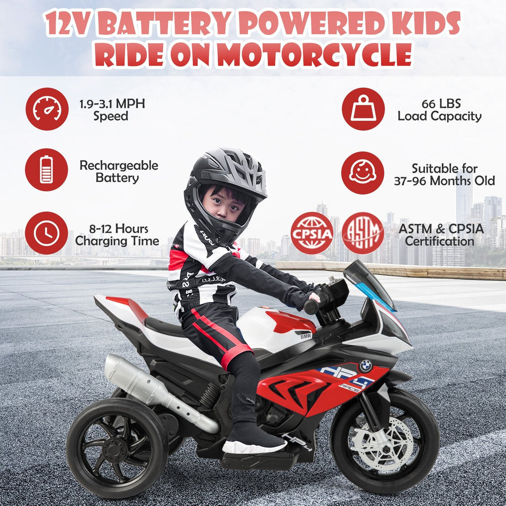 12V Licensed BMW Kids 3 Wheel Motorcycle with Elevated Seat, Windshield, USB and Headlight, 66 lb, Red