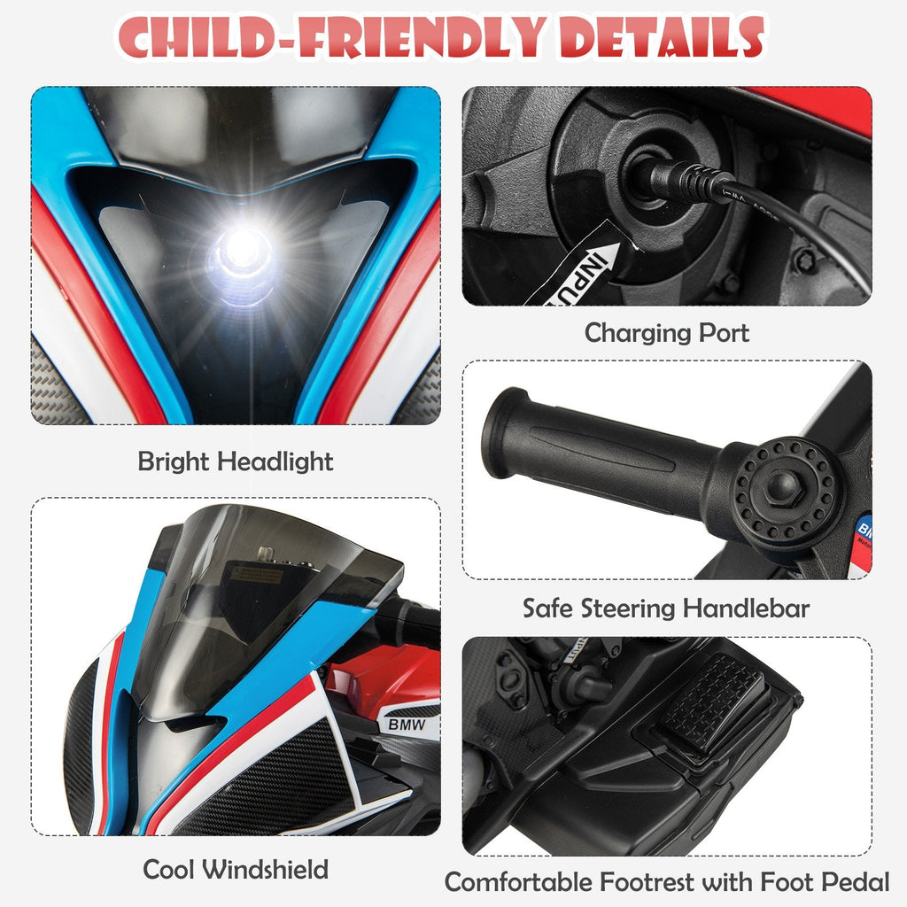 12V Licensed BMW Kids 3 Wheel Motorcycle with Elevated Seat, Windshield, USB and Headlight, 66 lb, Red