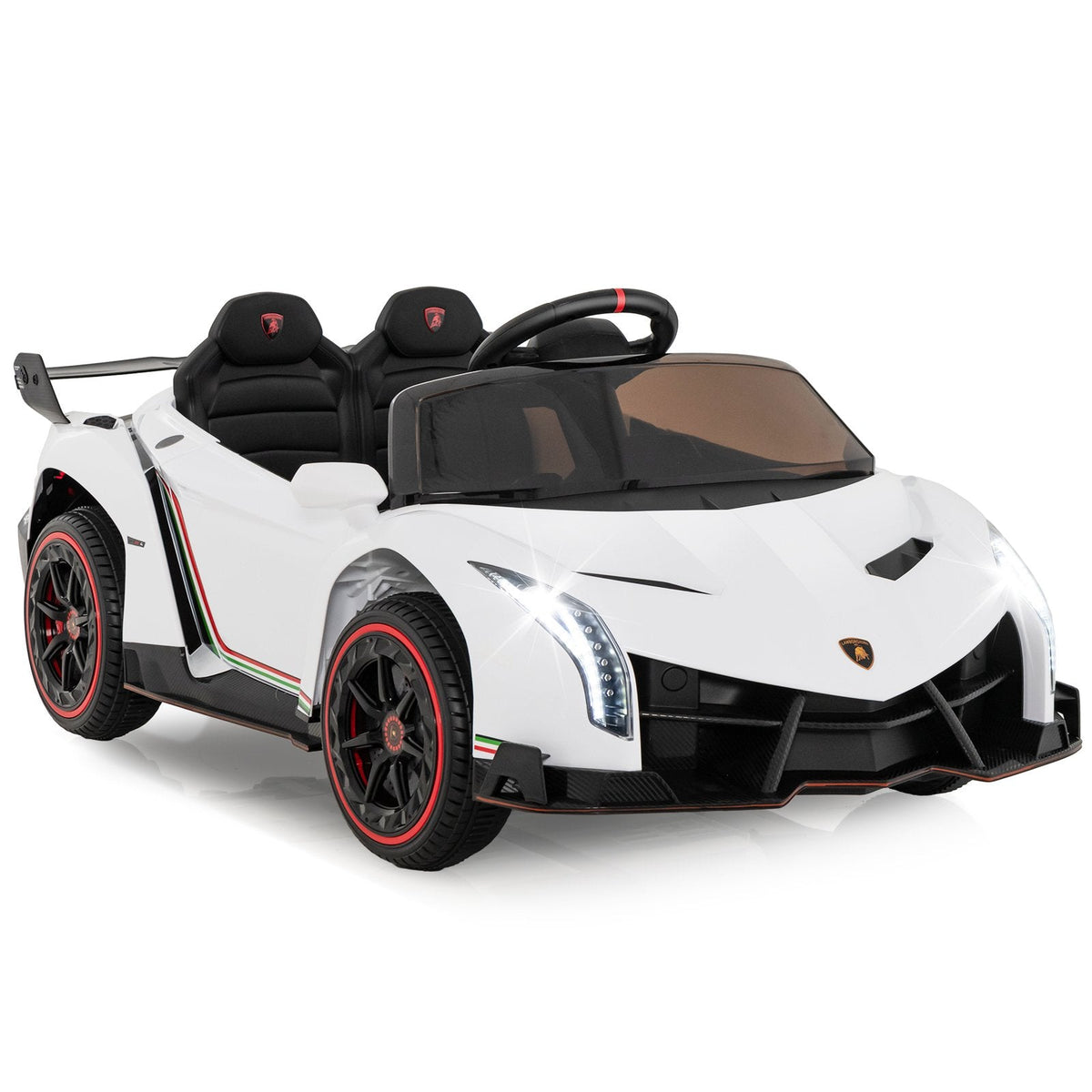 12V Licensed Lamborghini 4WD Kids Ride On Sports Car with Built In Transport Wheels and 2.4G Remote, 66 lb, White