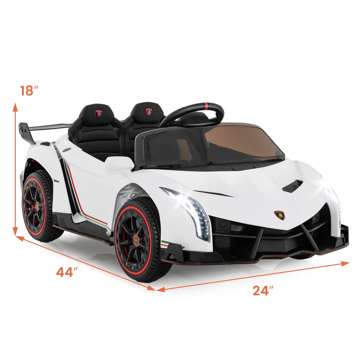 12V Licensed Lamborghini 4WD Kids Ride On Sports Car with Built In Transport Wheels and 2.4G Remote, 66 lb, White