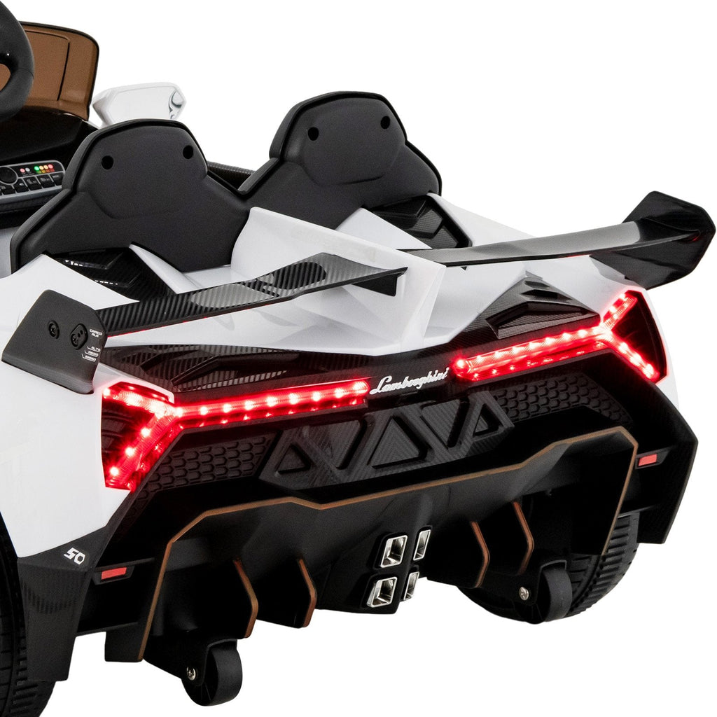 12V Licensed Lamborghini 4WD Kids Ride On Sports Car with Built In Transport Wheels and 2.4G Remote, 66 lb, White