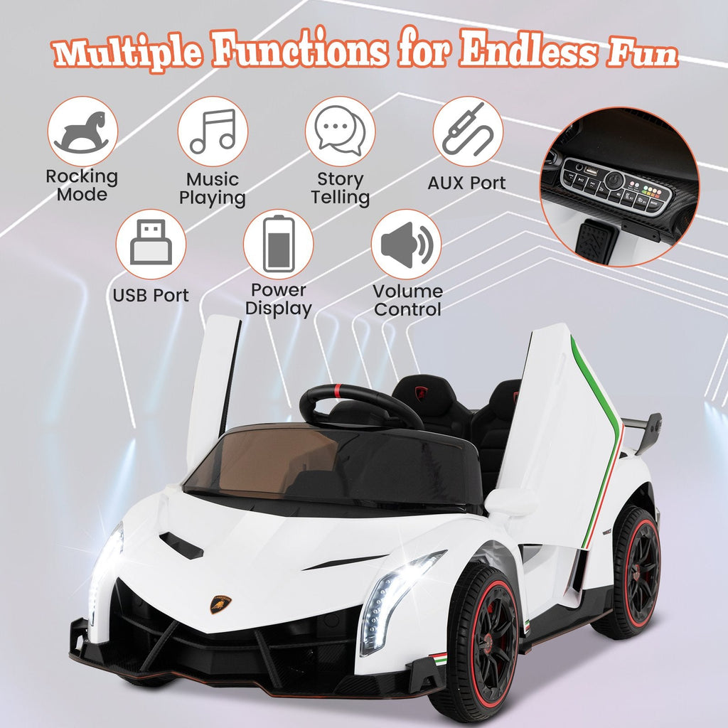 12V Licensed Lamborghini 4WD Kids Ride On Sports Car with Built In Transport Wheels and 2.4G Remote, 66 lb, White