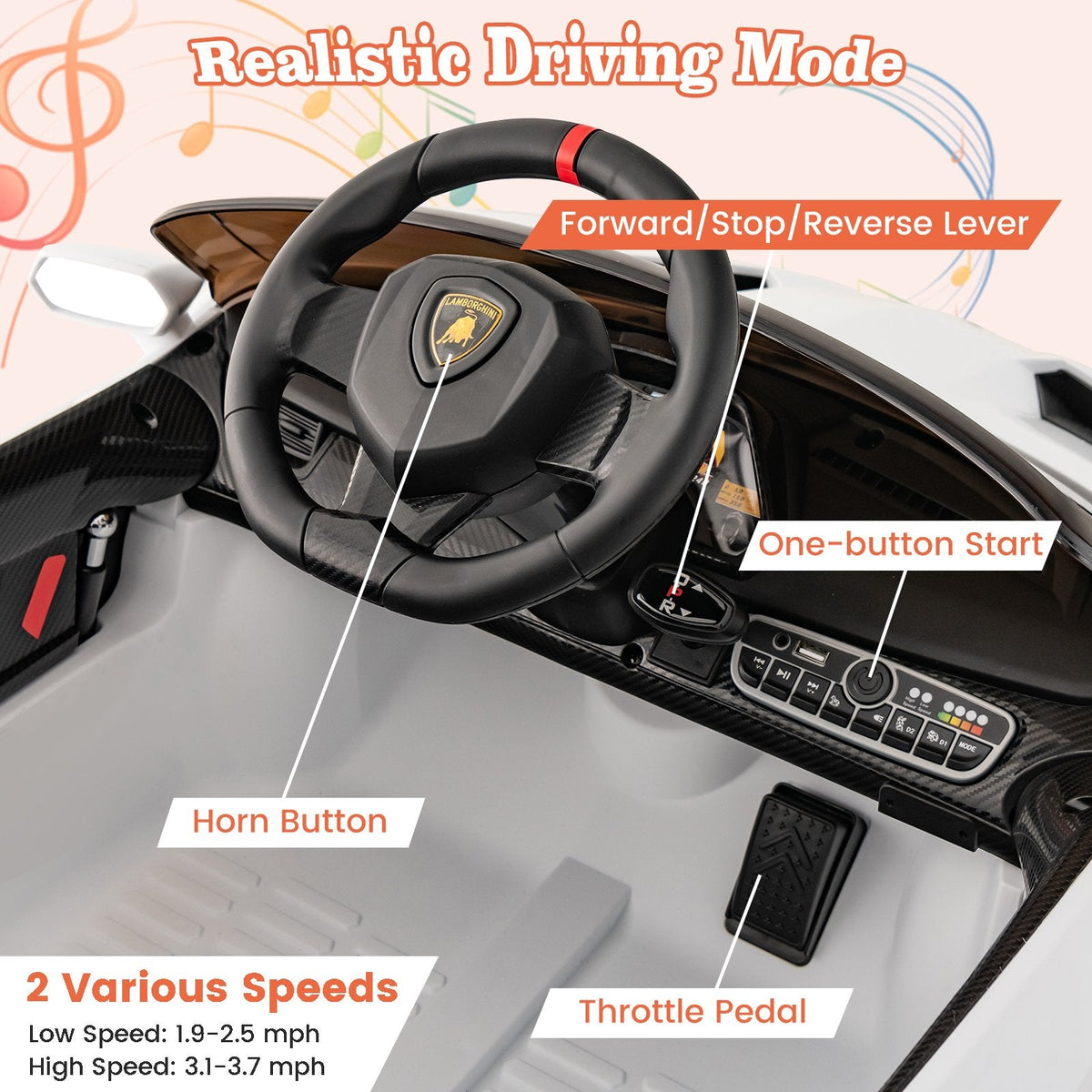12V Licensed Lamborghini 4WD Kids Ride On Sports Car with Built In Transport Wheels and 2.4G Remote, 66 lb, White