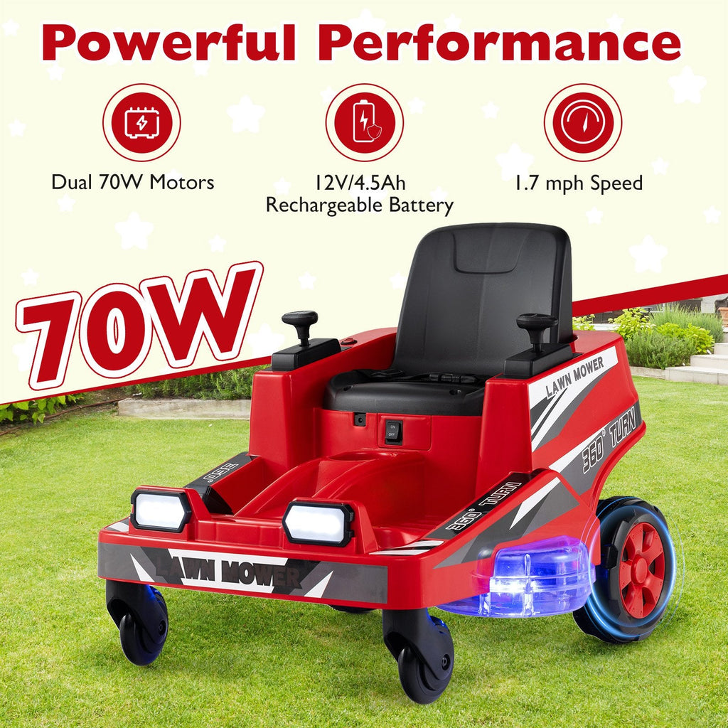 12V Kids Ride On Lawn Mower with Lit Translucent Deck, Spinning Blades, Fan Switch and Belt, 77 lb, Red