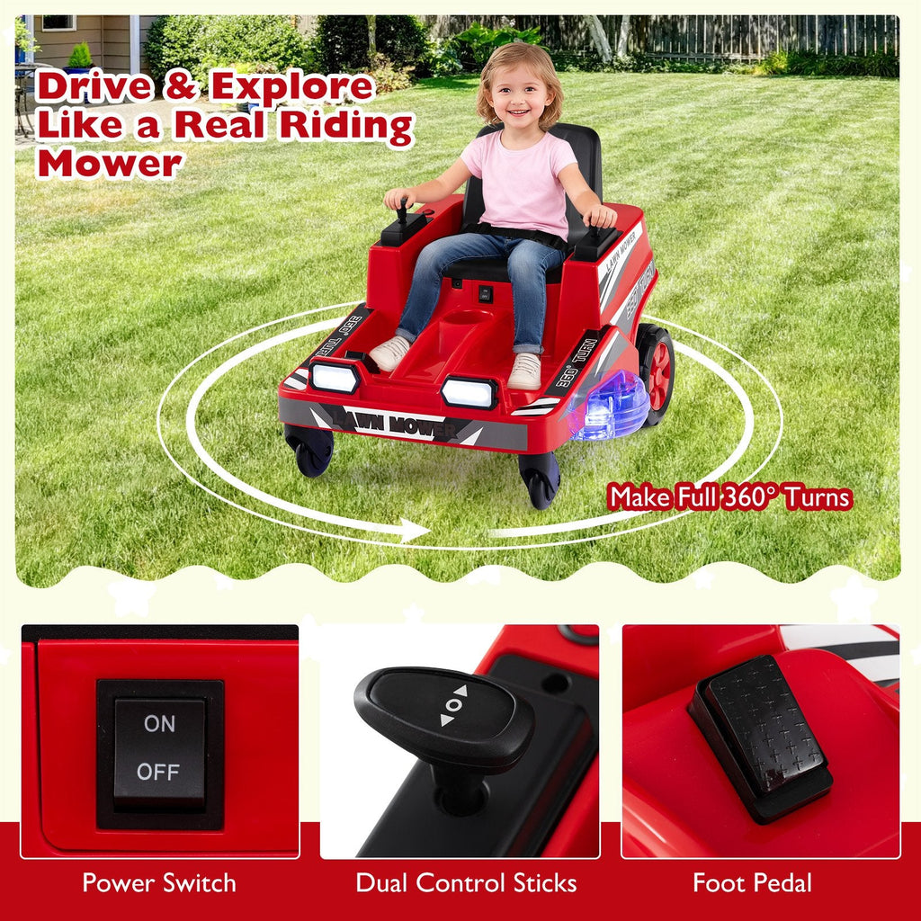 12V Kids Ride On Lawn Mower with Lit Translucent Deck, Spinning Blades, Fan Switch and Belt, 77 lb, Red