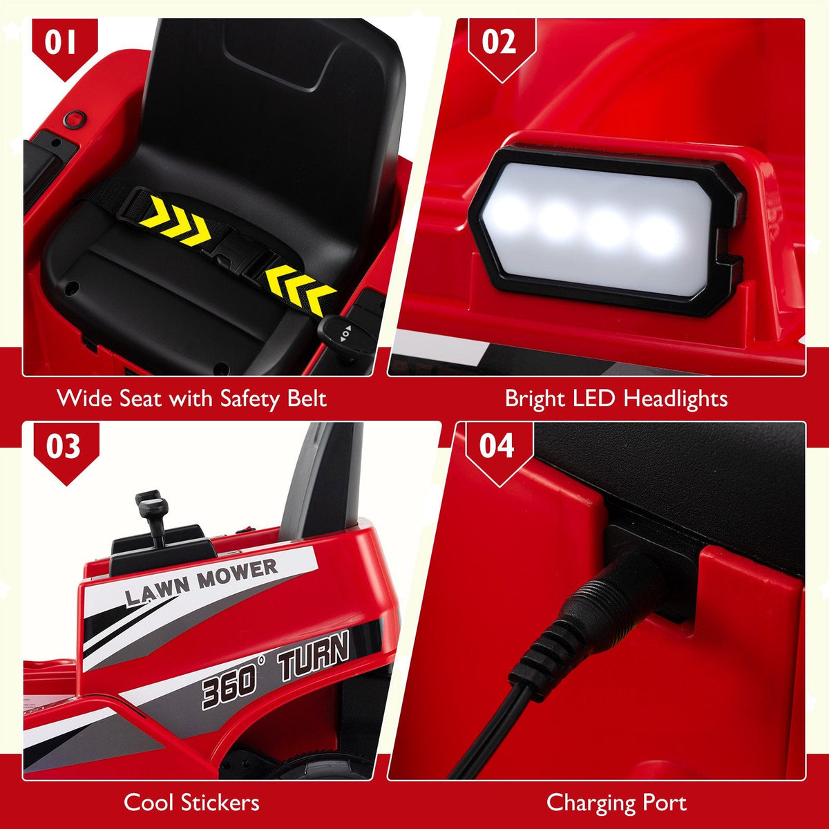 12V Kids Ride On Lawn Mower with Lit Translucent Deck, Spinning Blades, Fan Switch and Belt, 77 lb, Red
