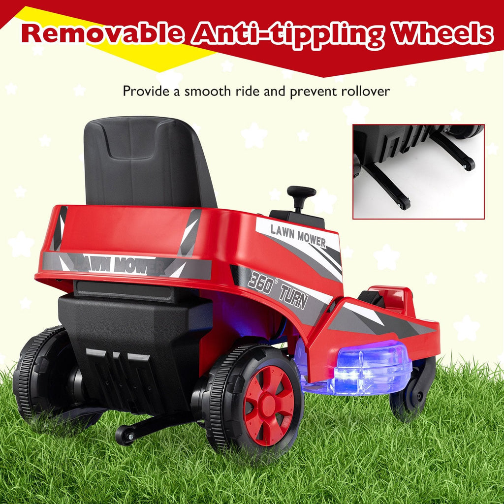 12V Kids Ride On Lawn Mower with Lit Translucent Deck, Spinning Blades, Fan Switch and Belt, 77 lb, Red