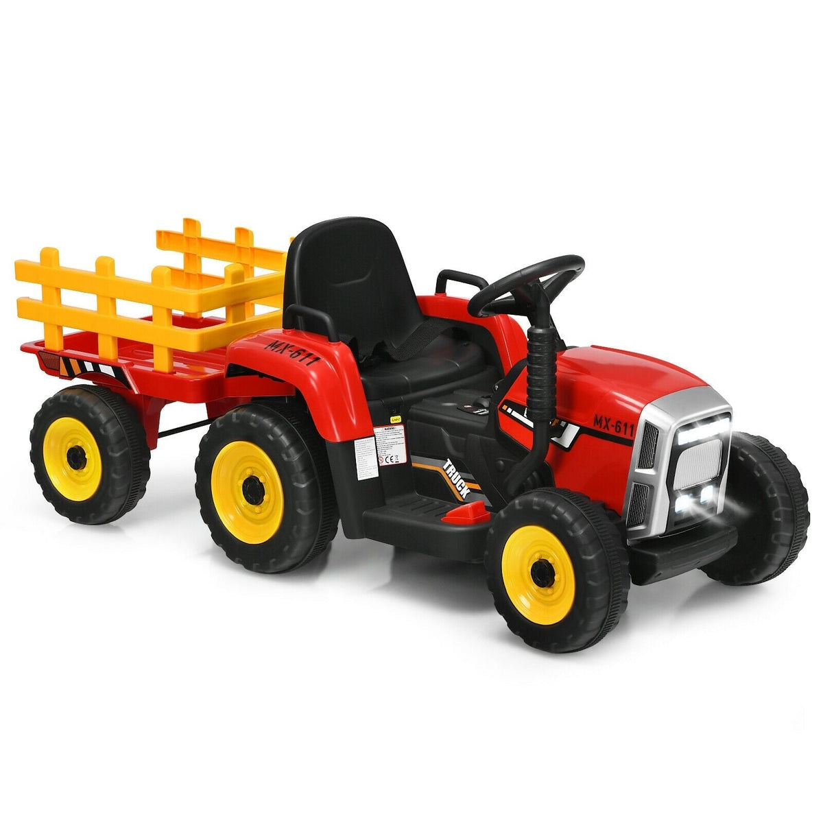 12V Kids Ride On Tractor with Detachable Trailer, 3 Gear Shift, Anti Slip Wheels and Soft Start, 66 lb, Red