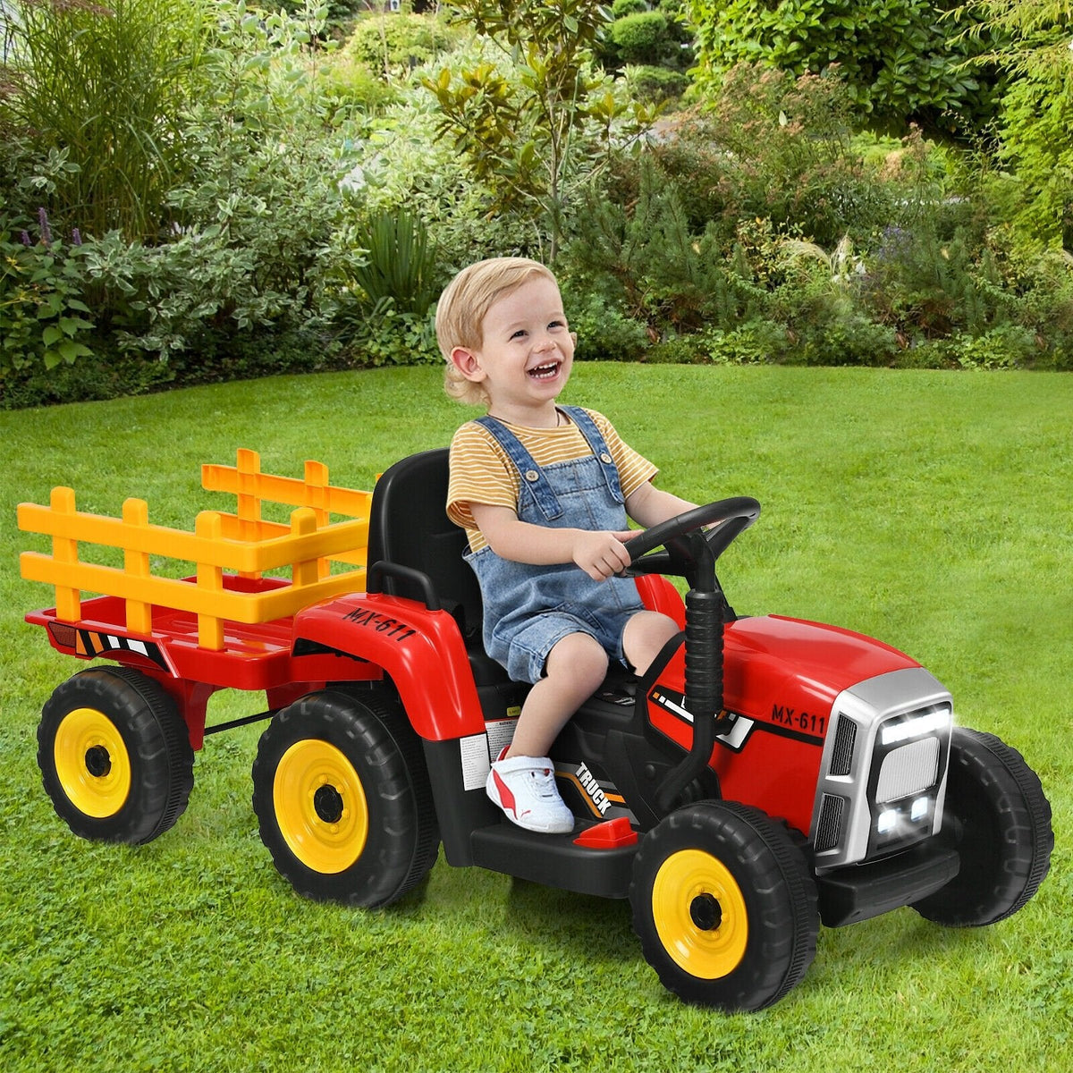 12V Kids Ride On Tractor with Detachable Trailer, 3 Gear Shift, Anti Slip Wheels and Soft Start, 66 lb, Red